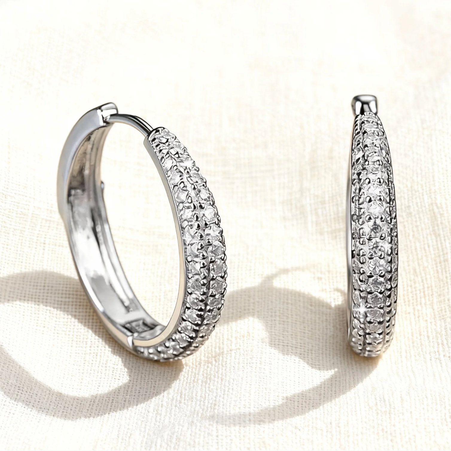 Silver three-row pave moissanite hoop earrings, minimalist full pave moissanite hoop jewelry for women