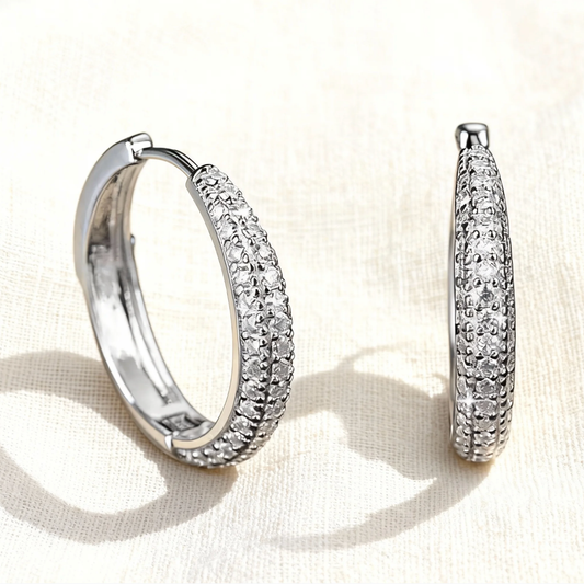 Silver three-row pave moissanite hoop earrings, minimalist full pave moissanite hoop jewelry for women