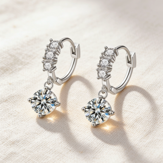 Silver three-stone moissanite drop hoop earrings, minimalist round moissanite drop jewelry for women