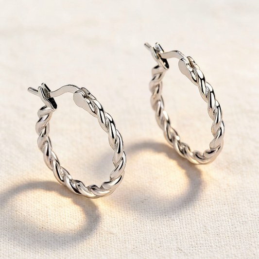 Silver twist rope chain hoop earrings, minimalist braided hoop jewelry for women