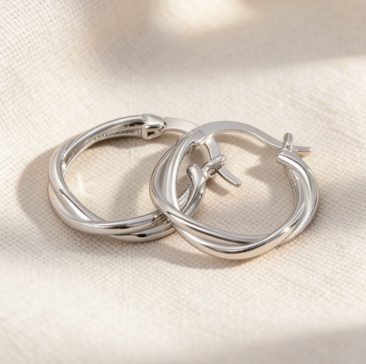 Silver twisted hoop earrings, minimalist crossover twist hoop jewelry for women