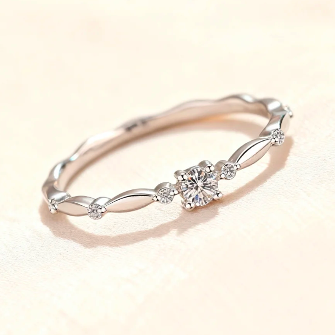 Silver wave pattern moissanite ring, delicate minimalist jewelry for women