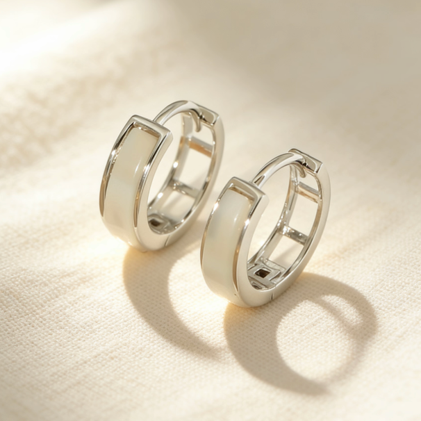 Silver white mother-of-pearl huggie hoop earrings, minimalist polished metal jewelry for women