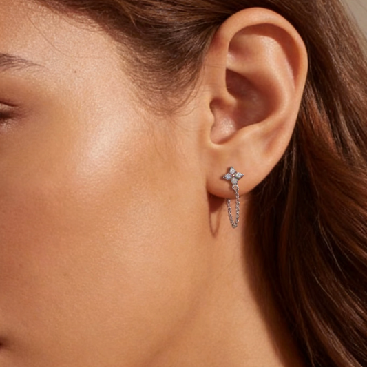 Silver zircon four-leaf clover chain drop earrings worn on ear, minimalist cubic zirconia dangling jewelry for women