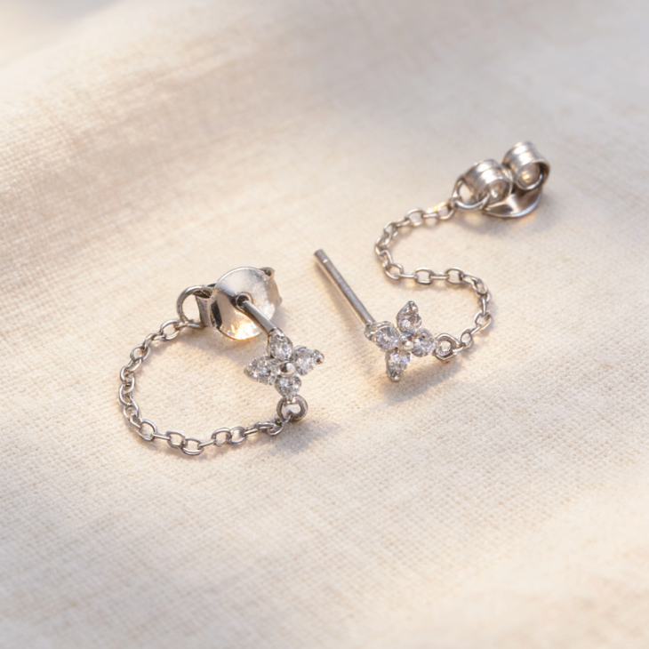 Silver zircon four-leaf clover chain earrings, minimalist cubic zirconia drop jewelry for women